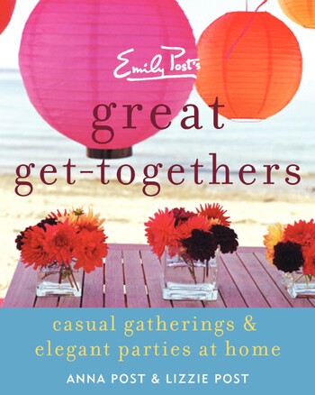 cover image of Great Get Togethers showing title over image of flowers set on a table at a beach with colorful paper lanterns