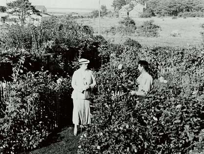 Emily Post, age 55, standing in small garden on a marthas vinyard in sun skirt and hat talking to a young man tending flowers.